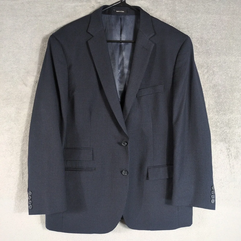 Egara Mens 46R Slim Fit 100% Wool Blazer Navy Blue Houndstooth‎ Sport Coat